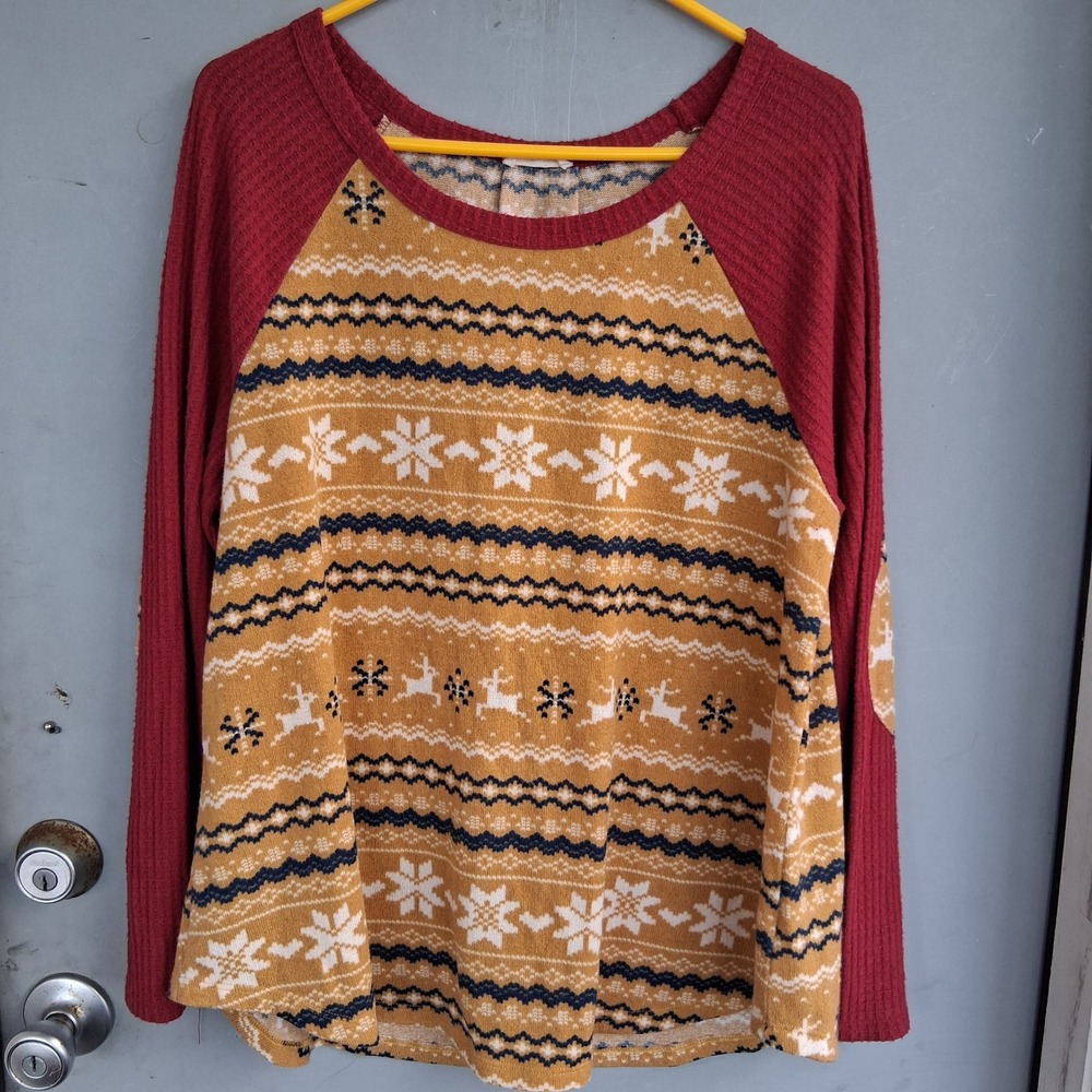 Christmas Fair Isle Reindeer Waffle Knit Raglan Top Elbow Patches
Oddi USA 1XL